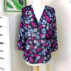 ANN TAYLOR Floral V-Neck 3/4 Sleeve Blouse Size S
